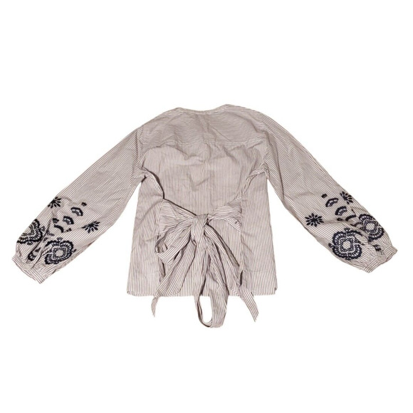 J Crew Embroidered Tunic Blouse Long Sleeve Hippie Boho Striped Tie Women Medium - Picture 2 of 6
